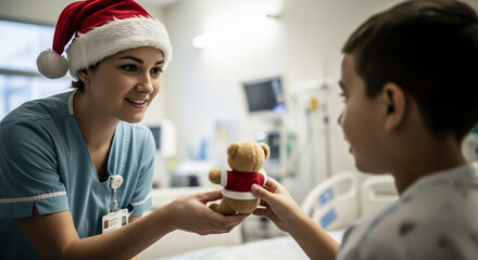 Nurse in Santa Hat giving a teddy bear to a sick child in a hospital rehabilitation ward during Christmas holiday