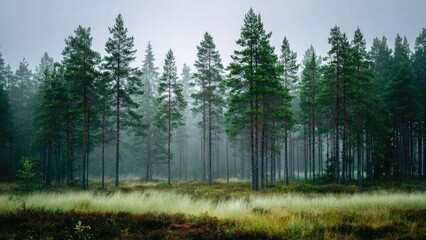 Naklejka premium Misty pine forest with tall slender trees and a grassy meadow in the foreground. Concept Misty Pine Forest, Tall Slender Trees, Grassy Meadow in Foreground, Moody Atmosphere, Tranquil Nature Scene