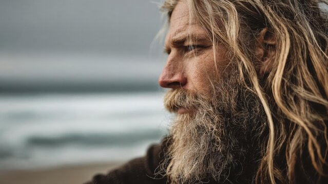 Close-up of a bearded man with long blonde hair gazing toward the sea on a windy beach. Concept Bearded man portrait, Wind-swept beach gaze, Sea-facing close-up, Windy coastal mood