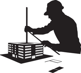 Silhouette of architect or builder working on a building model with blueprints