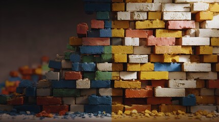 Colorful brick wall divided by light and shadow for a unique background