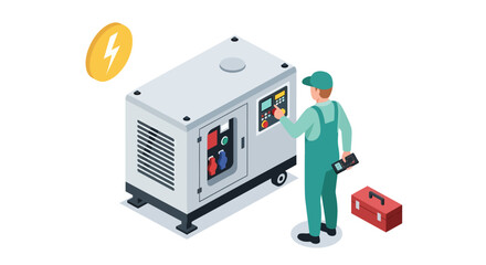 A professional technician in green overalls operates a large industrial generator using a digital control panel in this isometric vector illustration focused on power supply and equipment maintenance