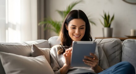 Woman using tablet on sofa indoors relaxing leisure time modern lifestyle