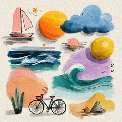 Watercolor style summer doodles featuring sailboat sun cloud ocean waves bicycle cactus and beach elements evoking playful and relaxing outdoor vibe