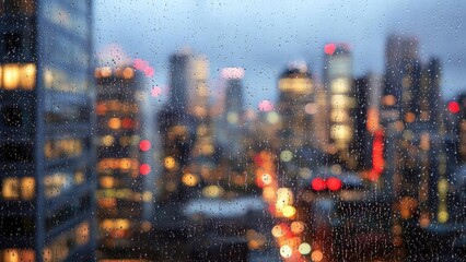 Rainy window looking out over a neon-lit city skyline at night, with blurred colorful lights. Concept Rainy window view, Neon-lit city skyline at night, Blurred colorful lights, Bokeh reflections