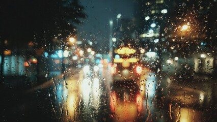 Nighttime city street seen through a rain-splattered window, with blurred neon lights and red taillights. Concept Rainy neon city at night through glass, Neon blur from city traffic lights