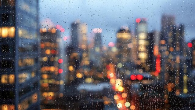Rainy window looking out over a neon-lit city skyline at night, with blurred colorful lights. Concept Rainy window view, Neon-lit city skyline at night, Blurred colorful lights, Bokeh reflections - Powered by Adobe