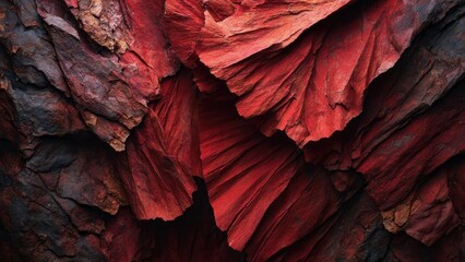 Crimson layered rock formations with jagged edges and deep crevices. Concept Crimson canyon stratigraphy, Layered red rock formations with crevices, Erosional textures of scarlet canyons