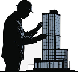 Architect or engineer examining a modern building model silhouette