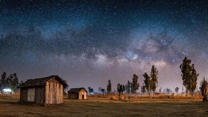 Naklejka premium Star-filled night sky over a rural field with simple thatched huts and scattered trees. Concept Starry Night Sky, Rural Landscape, Thatched Huts, Scattered Trees, Night Sky Photography