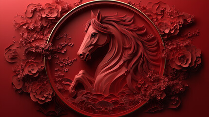 Beautiful horse papercut art in red color with flowers and branches - ai generative