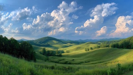 Fototapeta premium Green rolling hills and meadows with scattered trees under a blue sky dotted with fluffy white clouds. Concept Pastoral Landscape, Rolling Hills and Meadows, Scattered Trees, Blue Sky with Clouds