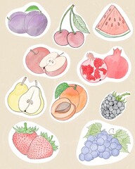 Watercolor Fruit and Berry Sticker Collection. Charming graphic collection for seasonal and health-focused projects