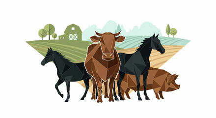 Modern geometric vector silhouettes of cow, horse, and pig with sharp polygonal shapes.