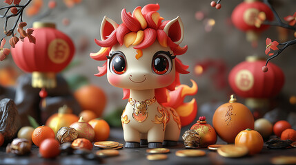 Chinese New Year decorative banner with Horse and other elements - ai generative