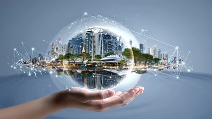 A hand holding a glowing globe representing a futuristic cityscape with digital connections and trees - Powered by Adobe