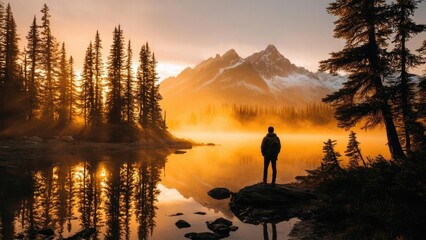 One person stands on a rocky shore, gazing at a golden sunrise over a calm lake, with pine trees and snow-capped mountains in the background. Concept Golden sunrise, Calm lake, Rocky shore