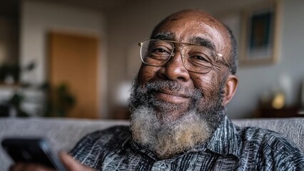 Smiling elderly man with glasses and a gray beard sits indoors, holding a smartphone. Concept Elderly man portrait, Indoor setting, Smiling expression, Glasses and gray beard, Holding a smartphone