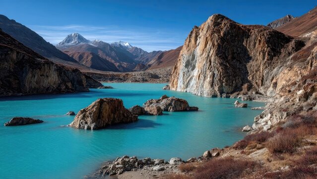 Turquoise lake nestled among rugged mountains with snow-capped peaks in the distance. Concept Turquoise alpine lake, Rugged mountain landscape, Snow-capped peaks in distance