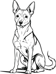 Dog learning sit and stay command, clear posture, minimal black line drawing, isolated on white