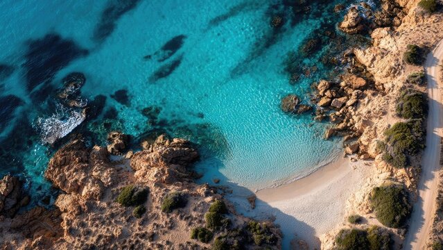 Aerial view of turquoise water in a rocky cove with a sandy beach and a road along the shore. Concept Aerial coastal landscape, Turquoise water in a rocky cove, Sandy beach and rocky shoreline