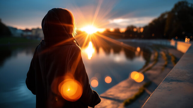 Anonymous observer silhouette with defocused figure and sharp cinematic river sunset with brilliant flares visible, with copy space