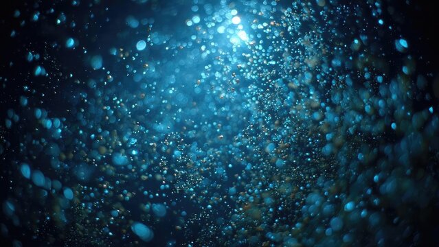 Underwater scene with countless tiny blue bubbles and shimmering light specks. Concept Underwater Scene, Tiny Blue Bubbles, Sparkling Light Specks, Ocean Photography, Subaquatic Atmosphere