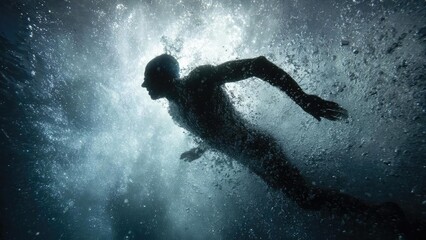 Underwater silhouette of a person swimming through bubbles, with light filtering from above. Concept Underwater silhouette, Bubble trails, Light filtering from above, Aquatic portrait