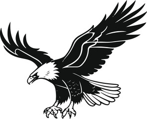 Eagle catching prey mid-air, dynamic minimal line art, clean outlines, black on white vector.