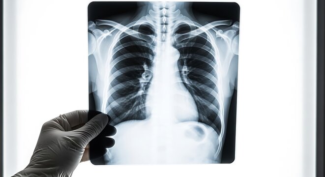 A gloved hand holding a chest xray against a bright light, illustrating medical diagnostics, healthcare imaging, and pulmonary health assessment