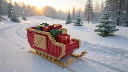 Obraz premium A Lego Santa sleigh filled with Christmas gifts in snowy landscape