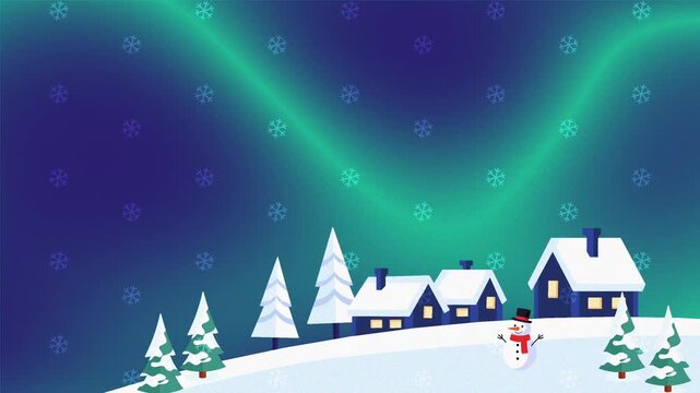 Animated nighttime scene of a polar region village with glowing green Northern Lights and falling snow. non-looping animation.