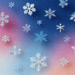 Watercolor snowflakes scattered across gradient background blending blue, pink, and purple hues, creating serene and festive winter atmosphere with delicate icy patterns