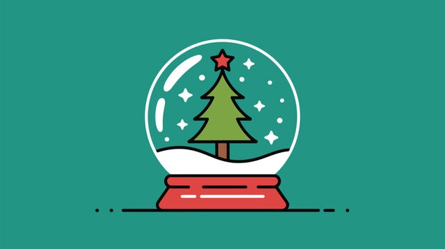 A cartoon illustration of a christmas tree inside a snow globe with a red base and a teal colored background