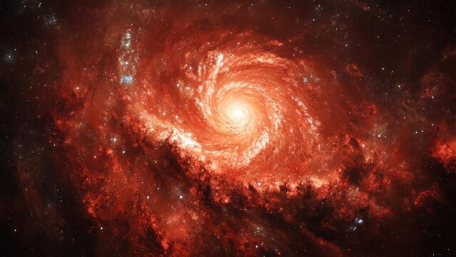 A bright spiral galaxy with a glowing nucleus and red, star-forming arms winding around in a spectacular swirl. Concept Spiral Galaxy, Glowing Nucleus, Red Star-Forming Arms, Cosmic Swirl