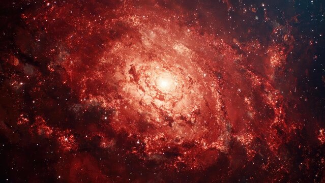 A red-tinted spiral galaxy with a bright central bulge and glowing star-forming knots along its dusty, winding arms. Concept Red-tinted spiral galaxy, Bright central bulge - Powered by Adobe