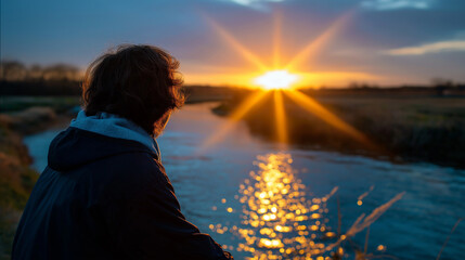 Fototapeta premium Defocused figure gazing at clear focused breathtaking dusk over southwestern river with vibrant sun rays, with copy space