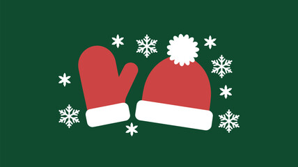 A christmas themed image featuring a red mitten, a red hat with a pompom, and snowflakes scattered around