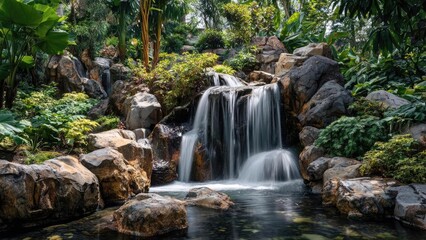 Naklejka premium A gentle waterfall flows over rocks into a clear pool, surrounded by lush tropical plants and boulders. Concept Waterfall Photography, Tropical Landscape, Clear Pool, Lush Foliage, Rocky Boulders