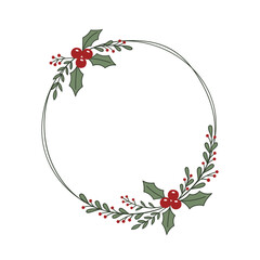 Botanical Christmas wreath with branches, leaves and berries. Round hand drawn frame for your text