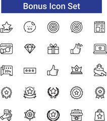 Benefit icon set. Reward related icons: bonus, loyalty, star, employee benefit, winner, award, prize, incentive and more.
