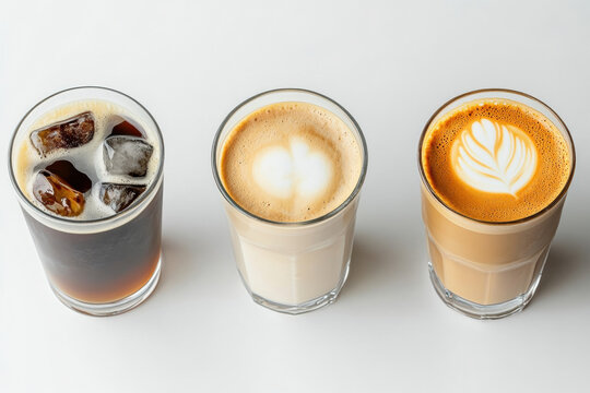 Variety of Coffee Drinks: Iced, Latte, and Cappuccino on White Background. Three different coffee beverages are displayed in clear glasses, showcasing the variations in preparation and presentation - Powered by Adobe