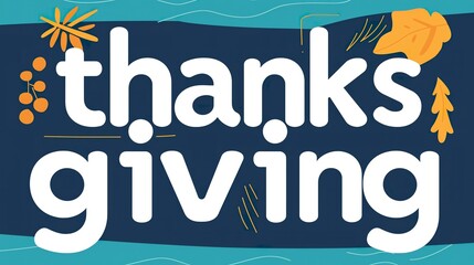 Thanksgiving illustration with autumn leaves, berries, acorn, blue background, festive design, fall decor, harvest theme, gratitude symbol, seasonal art, colorful foliage