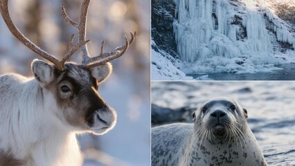 A snowy reindeer with antlers, a cliff covered in icicles, and a seal by the icy water. Concept Snowy reindeer with antlers, Icicle-covered cliff, Seal by icy water, Arctic winter landscape