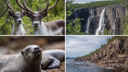 A four-photo collage featuring caribou, a waterfall, a seal, and a rugged rocky coastline. Concept Caribou in Arctic coastal scenery, Waterfall amid rugged coastlines