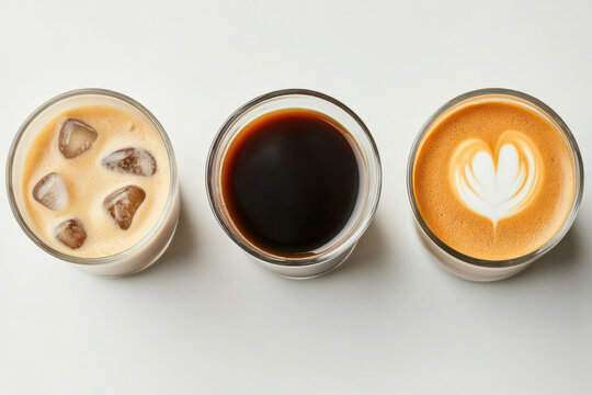 Variety of Coffee Drinks: Iced, Latte, and Cappuccino on White Background. Three different coffee beverages are displayed in clear glasses, showcasing the variations in preparation and presentation