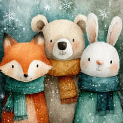 Watercolor fox bear rabbit winter snowflakes cozy scarf festive holiday cute animal illustration
