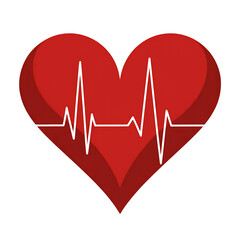 Red heart symbol with a white electrocardiogram or ecg heartbeat line isolated on transparent background