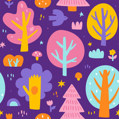Surreal colored forest pattern. Seamless vector magical night print with plants.