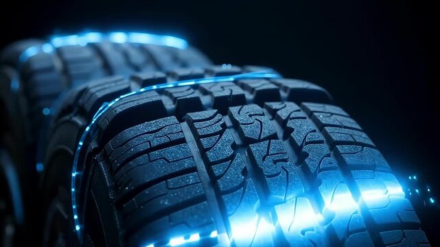 Macro Tire Tread Detail Highlighting Grip, Strength, and Performance with Blue Lighting